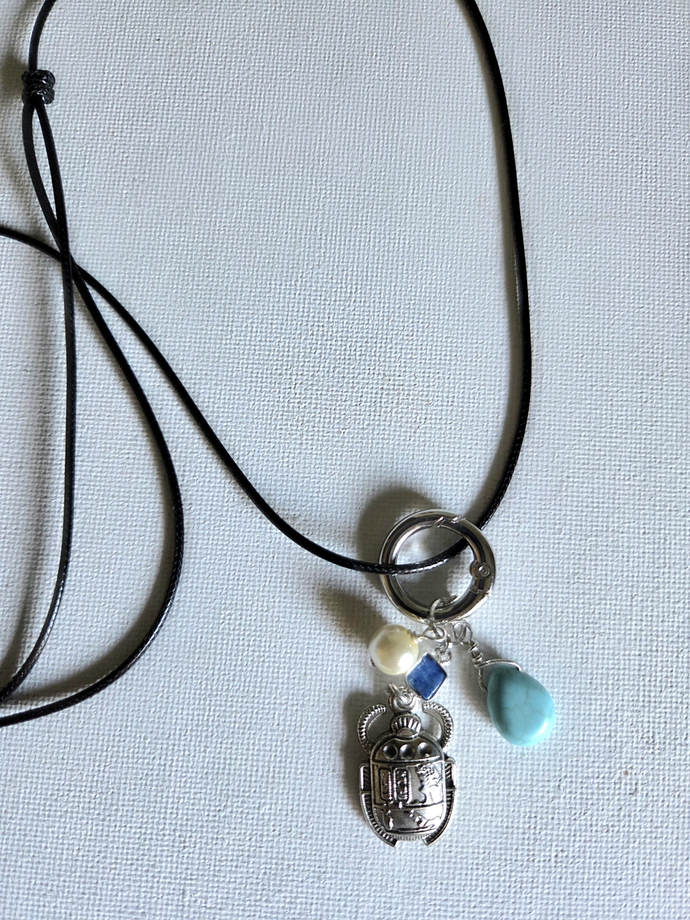Unisex Silver Scarab Pendant Necklace with Turquoise Teardrop and Pearl